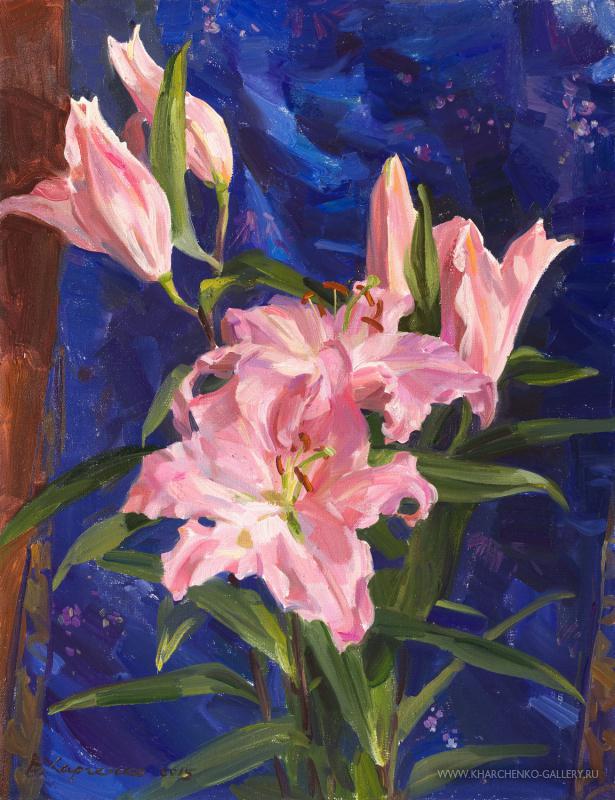 Pink lilies and Chinese silk