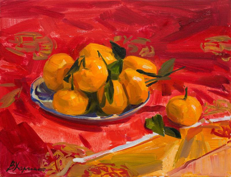 Tangerines on red